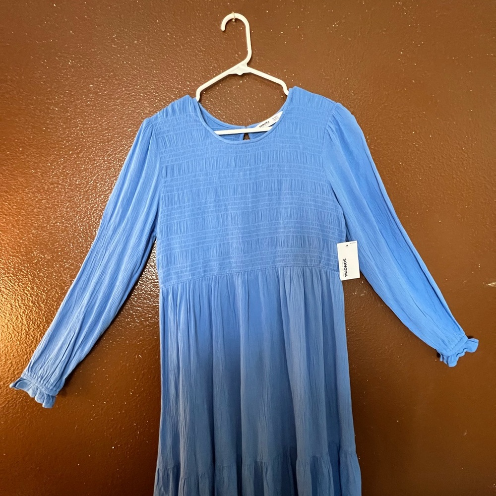 Sonoma Blue Smocked Yoke knee Length Midi Dress